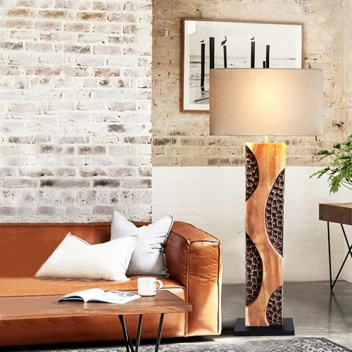Design Stehlampe Treibholz AMAZONIA 170 cm – Handgefertigte Stehlampe aus Akazienholz mit Leinen-Lampenschirm, Natürliche Holz-Lampe für Wohnzimmer, Schlafzimmer, Gemütliche Beleuchtung im Natur-Stil