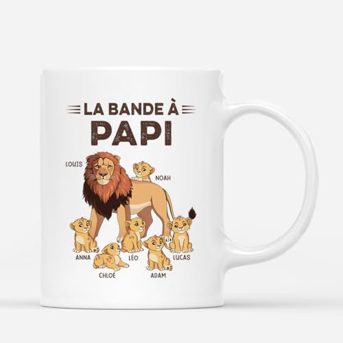 Cadeau Plus Mug Personnalisé Prénom - La Bande À Papi Lion - Cadeau fete des peres personnalisable, cadeau grand pere, tasse papa original, papi mug, mug personnalisé fete des peres