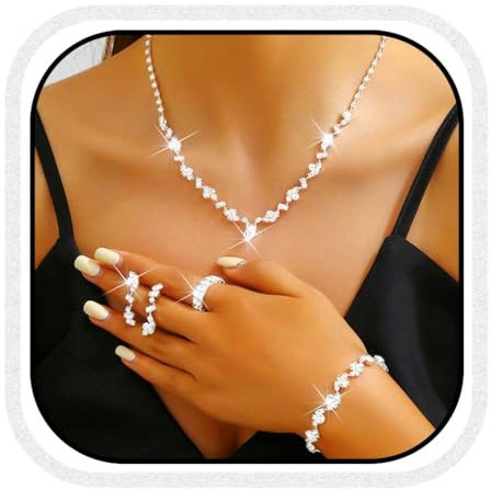 Reaky Brautschmuck-Set, Strass-Halskette, 4-teilig, silberne Ohrringe und Halskette, Braut-Hochzeitsschmuck für Frauen (Silber)