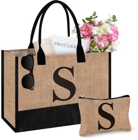 Initial Jute Tote Bag & Makeup Bag, Birthday Gifts for Women Her Mum Teacher, Suitable for Wedding, Beach, Holiday (S)