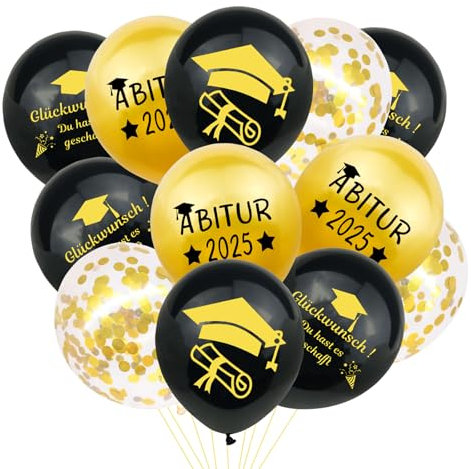 24 Stück Abitur 2025 Deko, Graduation Deko, Abi 2025 Luftballons Schwarz Gold, Abschluss Bestandene Prüfung Abschlussfeier Graduation Party Geschenke