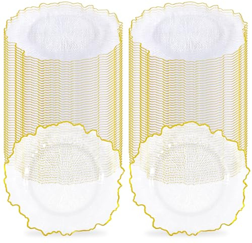 Tomeurperf Lot de 100 assiettes transparentes en plastique de qualité supérieure pour mariage - 33 cm - Bord doré - Motif récif de flore - Assiettes décoratives pour événements et fêtes