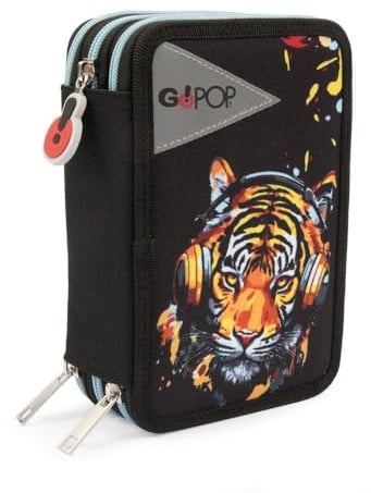 Go Pop - Astuccio Triplo Scuola Tiger Beats Con 3 Zip E 3 Scomparti, Contiene 18 Matite Colorate, 18 Pennarelli e altri Pratici Oggetti per la Scuola,13 l x 19,5 h x 6,5 p