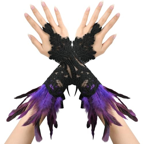 QIZHIQIAMY Spitzenhandschuhe mit Federn Retro-Gothic-Stil Spitze Handschuhe Fingerlose Netzhandschuhe für Black Swan, Hexe, Rabe und Karnevalskostüm-Accessoires