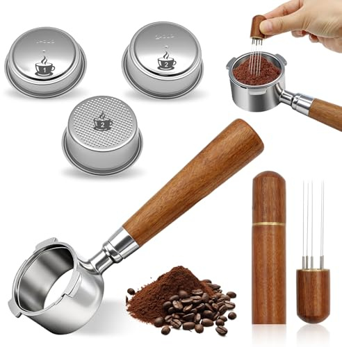 SPOKKI Bodenloser Siebträger 51mm mit 3 Ohren 304 mit 3 Kaffee Filterkorb WDT Tool Sieb Siebträger mit 3 Ohren Bodenloser aus rotem Palisanderholz Kompatibel DeLonghi Dedica EC680/EC685/EC885