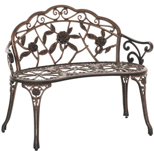 Outsunny 2 Seater Garden Bench Cast Aluminium with Armrests Bronze Tone | Outdoor Garden Loveseat, Vintage Rose Style, Outdoor Bench Seat, Back, Patio Porch Park