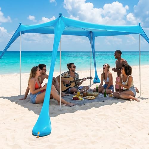 MAXVINI UPF50+ Strandzelt 3m x 3m, Schatten Zelt Strandmuschel Beachmit Sandschaufel & Erdnägeln und 4 Stützstäbe, Sonnenzelt Sonnensegel Strand für Strand, Camping, Picknick, Hinterhofspaß- Blau