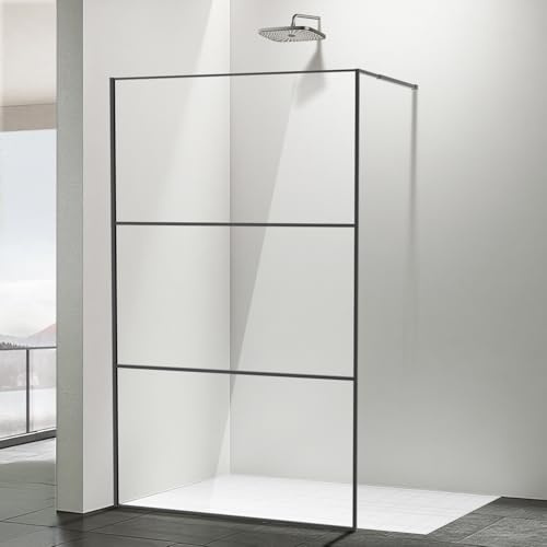 Monucep Cabine de douche Walk-in 120 x 200 cm Noir, Paroi de douche en verre avec verre de sécurité ESG de 5 mm, design à cadre tripartite, cadre en aluminium, séparation de douche pour douche à