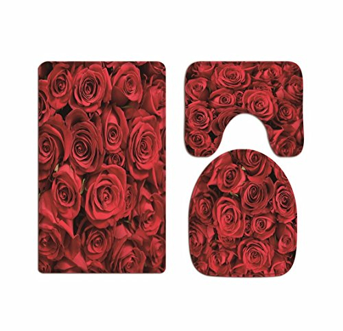 A.Monamour Badezimmer Badematte 3 Teilig Set Romantische Rote Rose Blumen Florale Flanell Tuch Toilettensitz Deckt Toilettenkappen Flanell Saugfähig Badteppiche Badvorleger Badgarnitur WC Vorleger