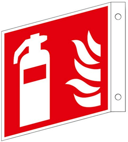 Fahnenschild Kunststoff-Platte Feuerlöscher-Symbol-Schild F001,Gr.: 200 x 200 mm, Fahnenschild mit Feuerlöscher- Symbol- Schild nach ISO 7010 DIN EN ISO 7010