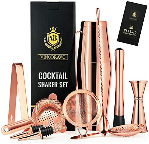 Set da 11 Pezzi Boston Cocktail di VinoBravo: 2 Cocktail shakers, Set di colini, Doppio Jigger, Cucchiaio da Bar, morso di Ghiaccio e Tong, versatori di liquori e ricetta del Cocktail (Rose Gold)