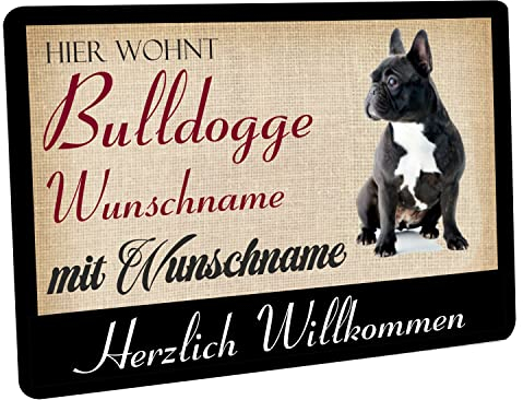 Crealuxe Fussmatte mit Wunschtext/Wunschname Hier wohnt Bulldogge - 60x40 cm - Gummi Rückseite/rutschfest - Filzoberfläche - Bedruckte Türmatte - Innenmatte