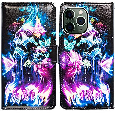 Bcov iPhone 11 Pro Max Case, Burning Skull Butterfly Flip Case Wallet Leather Cover Case with Credit Card Slot Holder Stand For iPhone 11 Pro Max