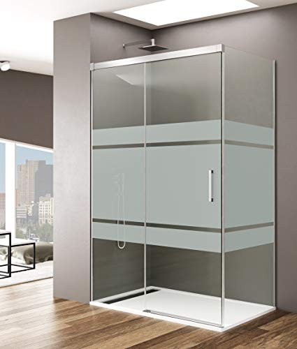 Mampara de Ducha - GME - Basic angular al vértice Fija + Corredera con Lateral Fijo - Anti cal - Vidrios 6 mm (120x80, FROST PLUS)