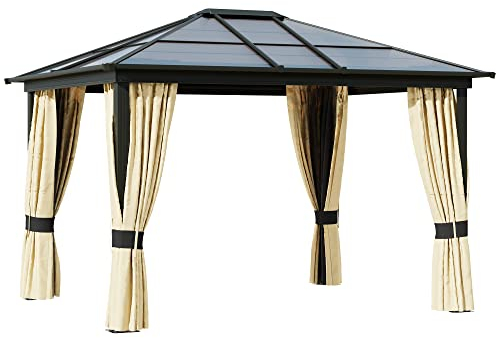 Outsunny 3 x 3.6m Polycarbonate Hardtop Gazebo with LED Solar Light and Aluminium Frame, Garden Pavilion with Mosquito Netting and Curtains