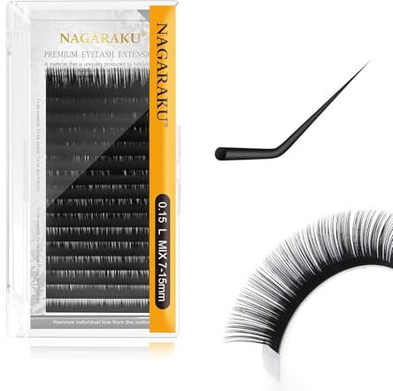 NAGARAKU Extension de Cils à Cils Individuel Volume Russe Faux Cils Professionnel Classique 1: 1 Cils Naturel Boucle Stable Léger Soie Wispy Singel Eyelash Extensions Noir 16 Row(0.15mm L 7-15mm)
