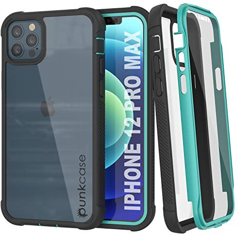 PunkCase Schutzhülle für iPhone 12 Pro Max [Spartan-Serie] klar, robust, mit eingebautem Displayschutz, ultradünn, 360° Rundumschutz für iPhone 12 Pro Max (2020) (17 cm) (Blaugrün)