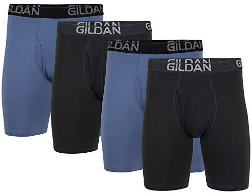 Gildan Men's Cotton Stretch Boxer Brief, Multipack, Black Soot/Slate Blue (4-Pack, Long Leg), M (Pack of 4)