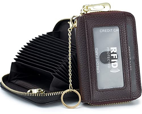 imeetu Card Holder for Women RFID Card Holder Wallet Slim Leather Cardholder Damen with 12 Card Slots, 2 Wide Cash Slots, Keyring & ID Window (Small,Kaffee)