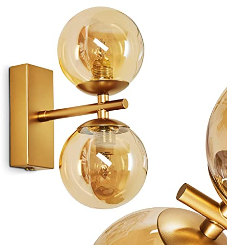 Wandleuchte Alden, Vintage Wandlampe aus Metall in Messing mit Glasschirm in Champagner, mit Lichtspiel an der Wand, 2-flammig, 2 x G9, ohne Leuchtmittel