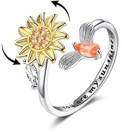 KOHOTA S925 Sterling Silber Fidget Ringe für Frauen Anti Angst Spinner Ring für Tochter You are My Sunshine Sonnenblume Schmetterling Ringe Metall Zirkonia
