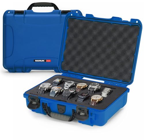 NANUK 910 - Waterproof travel case for watches, 10 compartments, shock- and dust-resistant, cabin-sized, premium foam interior (36.3 × 28.2 × 12 cm) (Blue)