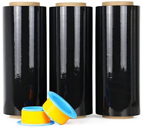 3 Stück schwarze Stretchfolie Industrielle Stärke 30.5 cmx3000 m – 80 Gauge dick, schwarz haftende Kunststoff-Palettenzubehör,langlebige, Schrumpffolie, Bomei-Pack