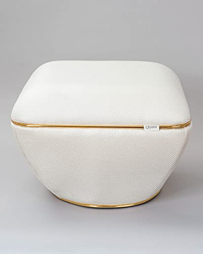 Qiyano Hocker Pouf großer Sitzhocker Strukturstoff in Beige modern quadratisch bequem für Wohnzimmer, Schlafzimmer, Kunstlederverzierung in Gold, Höhe ca. 43 cm, Farbe: Beige