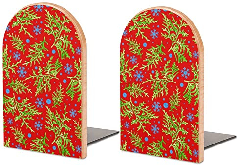 Buchstützen Weihnachten Thuja und Schneeflocken Buchstützen für Regale, um Bücher zu halten, strapazierfähige, rutschfeste Buchstopper, Holz, dekoratives Heimbüro