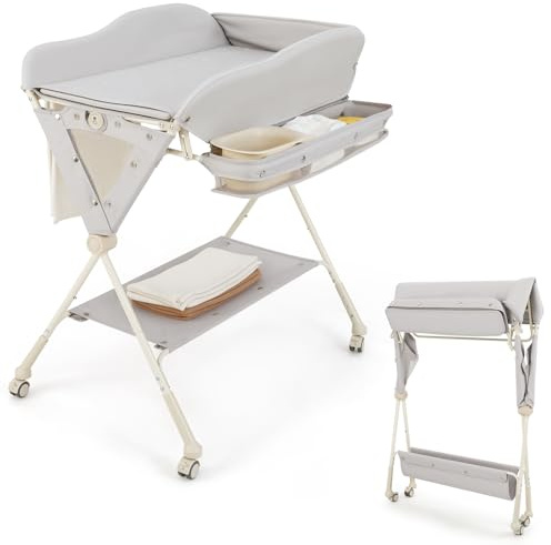 COSTWAY Fasciatoio Pieghevole Neonato, Fasciatoio Portatile con Altezza Regolabile a 3 Livelli, con Bacino, Cestino Portaoggetti e Cintura di Sicurezza, 4 Ruote Bloccabili, Portata 11 kg (Grigio)