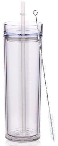 Volhoply 550ML Plastic Skinny Tumbler,Double Wall Tumblers with Lid and Straw,Reusable Iced Coffee Mug,BPA Free Matte Acrylic Water Cups with Straw for Parties,DIY Gifts(Clear,1 Set)