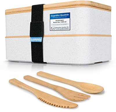 EcoAB [1200ml] Bento Box - Lunchbox + 3-teiligem Besteck-Set - Brotdose für Erwachsene & Kinder - BPA-frei & Spülmaschinengeeignet & Umweltfreundlich [Weiß]