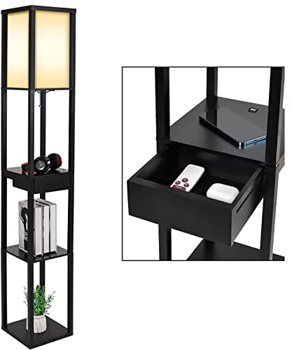YU YUSING Stehlampe mit Holzregal 2 USB-Ladeanschlüsse und 1 Schublade Innenbeleuchtung 1,6m Holz Stehleuchte mit Regalen für Schlafzimmer und Wohnzimmer, schwarz
