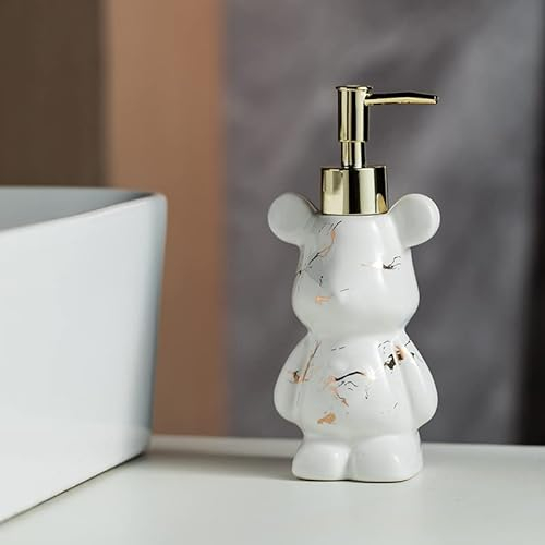 Kleiner Badezimmer-Seifenspender mit Pumpe, niedliches Bären-Design, Keramik-Flüssigseifenspender (Marmorweiß)