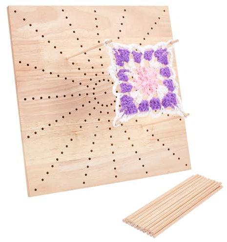 BENECREAT 30 x 30 x 1,2 cm Tabla de madera hecha a mano con 20 unidades de 15 x 0,4 cm Palillos redondos de madera y agujero en forma de sol, marco de punto cuadrado para tejer y ganchillo