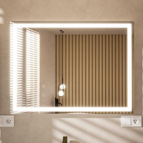 Essbhach Badspiegel mit Beleuchtung, Badezimmerspiegel Antibeschlag, 3 Lichtfarben Led Badezimmer Spiegel mit Touch Schalter, Spiegel Bad mit Licht, 100 x 60 cm