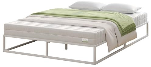 Novilla Cadre de lit Plateforme en métal pour Matelas de 90 x 190 cm, Rangement sous Le lit, Support à Lattes en Bois, Pas Besoin de sommier, Assemblage Facile, Blanc
