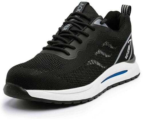 Black Hammer Men's Safety Trainers Steel Toe Cap & Midsole Protection Lightweight Work Shoes for Professional Trade Warehouse Non-Slip Water-Resistant Echo 2300 Black (8 UK)