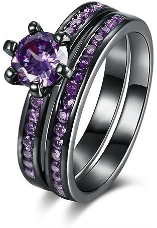 JewelryWe Ring Damen Zirkonia Stapelbar: 5mm Lila Runde Zirkonia mit 6 Krallen Edelstahl Damen-Ring Eheringe Frauen Stapelringe Bandringe mit Gravur für Versprechen Verlobung Hochzeit Größe 52