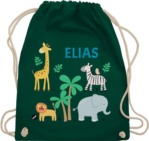 Turnbeutel Rucksack - Safari Tiere Zootiere Zoo Giraffe Zebra Löwe Elefant - Unisize - Dunkelgrün - wäschebeutel kindergarten kleine personalisierte geschenke sporttasche
