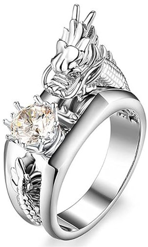 Bagues De Dragon Créatives De Style Chinois - Personnalité Hommes Femmes Bagues De Dragon Du Zodiaque Avec Diamants Bijoux Cadeau Pour Dragon Année Couple Bagues,Blanc,12