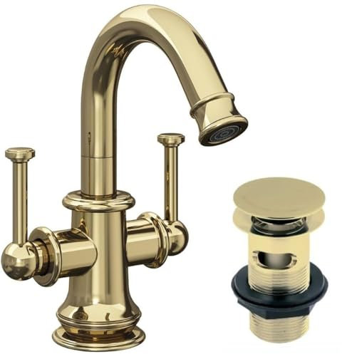 Spoutford Vintage Gold Basin Mono Mixer Tap Dual Lever Arch Swivel Spout 360° for Bathroom Sink or Small Kitchen High-Pressure Polished Finish Tap with Pop-Up Waste Sink Plug