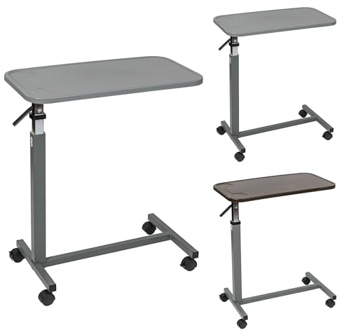 Grauer Überbetttisch mit Verbundplatte und verstellbarer Höhe – über Betttisch mit Rollen – Medizinischer Rollnachttisch für Krankenhaus und Zuhause
