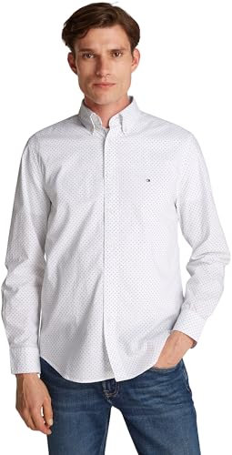 Tommy Hilfiger Men’s Flex Poplin Polka Dot Regular Fit Shirt, White (Optic White/Navy Dot), L