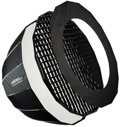 Walimex pro Studio Parabolic Softbox 120cm, um 360° drehbar, einfacher Aufbau dank Schirmfunktion, inkl. Grid, Maske, Bowens Adapter und Transporttasche, ideal für Porträts und Beauty-Aufnahmen