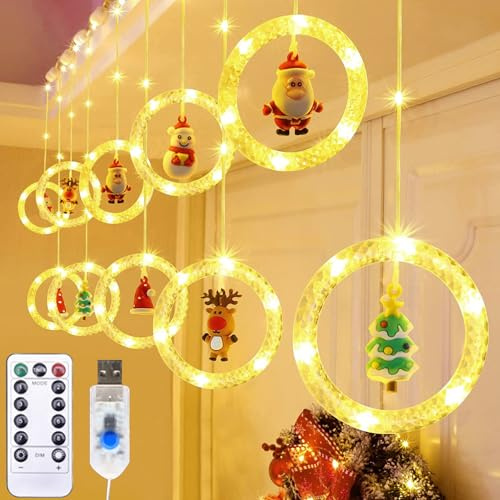 LIBRNTY 120 LED Weihnachtsdeko Fenster Beleuchtet,Weihnachten Fenster Vorhang Lichter,Lichterkette Gardine für Weihnachten mit 8 blinkenden Modi für,Balkon,Party,Kommt mit 10 S-förmigen Cliphaken