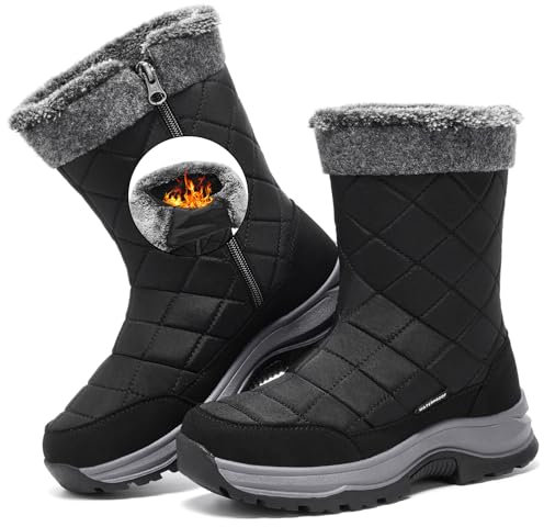 TLOLA Winterstiefel Damen Wasserdicht Schneestiefel Booties Mid Calf Fell gefüttert Warme Stiefel Rutschfest Zipper Outdoor Bequeme Winterschuhe (Schwarz,39)