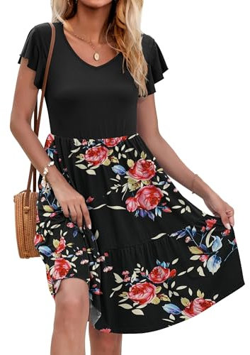 AUSELILY Robe d'été pour Femme Manches Courtes Col V Jupe de Plage à Volants D'été Décontractée Longueur Genou avec Poche Noir Rose Noir XL