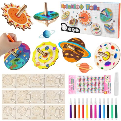 Moosono 12 Stück Holzkreisel für Kinder, Holzkreisel Bastelset, Kreisel Holz Bastelset mit Aufklebern, Farbstiften, Latex und Farbbox, Kreisel aus Holz für Kinder Jungen Mädchen 3 4 5 6 8 Jahre