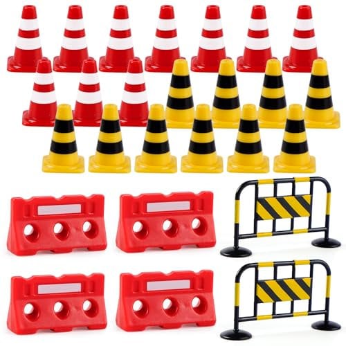 AIZHAZHA 26 Stück Miniatur Verkehrsschilder Kinder, Mini Pylonen Kinder Verkehrshütchen Spielzeug, Zäune Verkehrszeichen, Warnkegel, Leitkegel, Baustellestraßensperre Straßenschilder Spielzeug